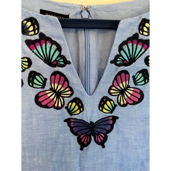 Talbots Embroidered Butterfly Blue Linen Blend Knee Length Dress 12 Sun Dress - Picture 3 of 10
